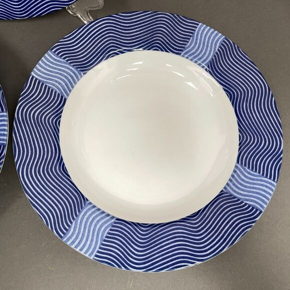 Crate & Barrel Rafia Blue White Waves Wavy Bowls Lead & Cadmium Free Lot of 3 - Picture 4 of 14